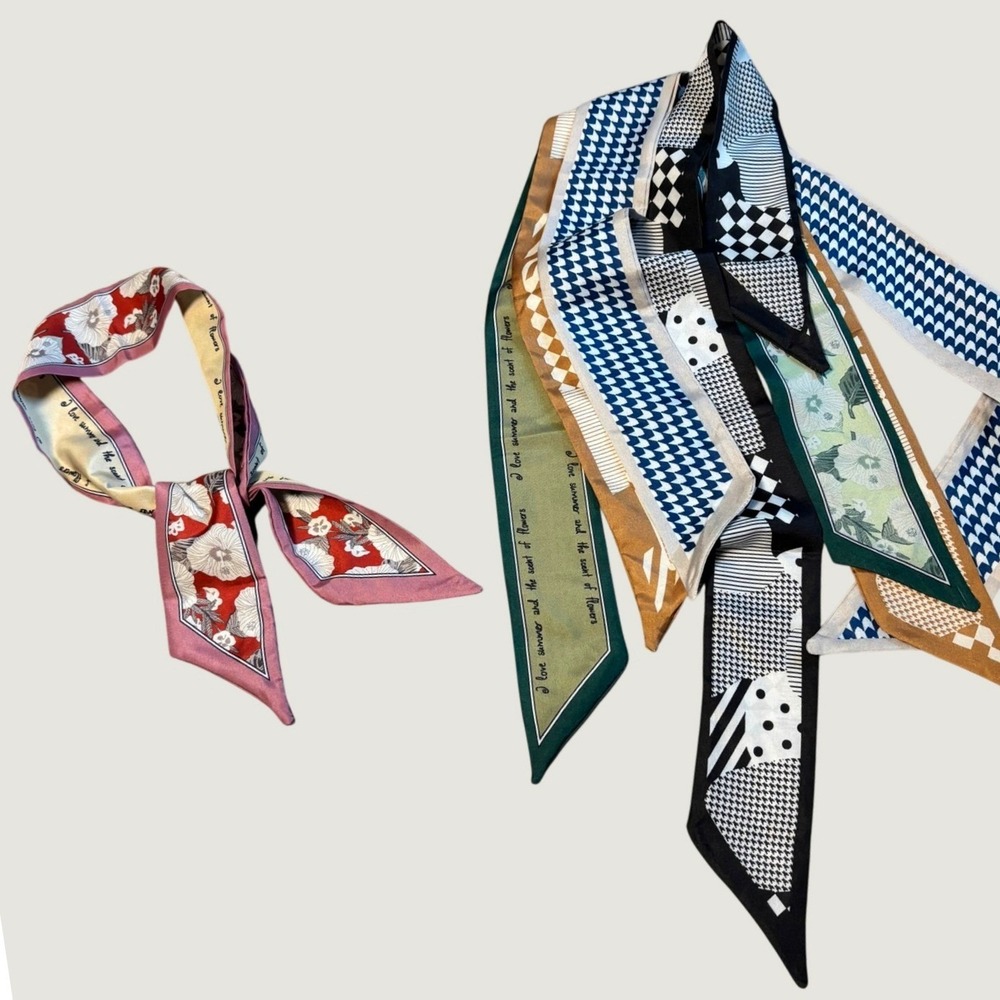Women Skinny Scarf Set OS Multicolor Mixed Print Twilly Lot of 5 Bag Accessory